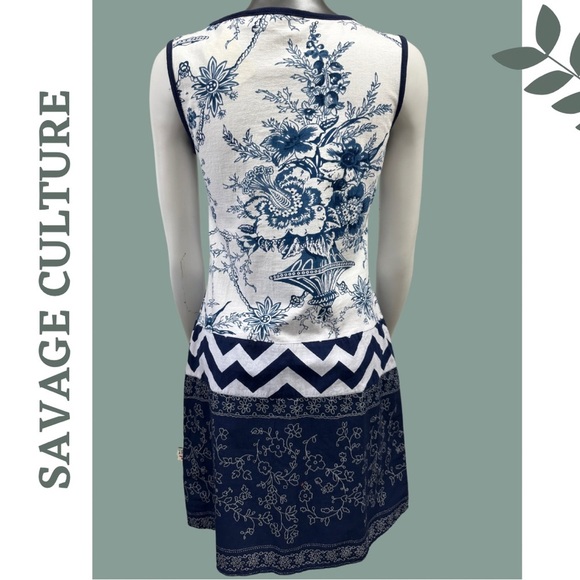 Savage Culture Sleeveless Summer Dress Blue White Mixed Pattern Size Medium - Picture 4 of 10